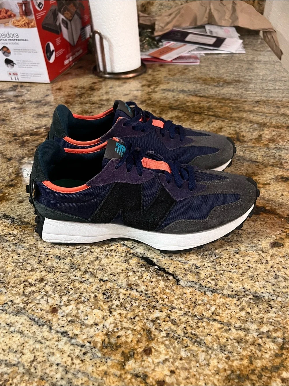 New Balance navy, gray & black sneakers with coral trim